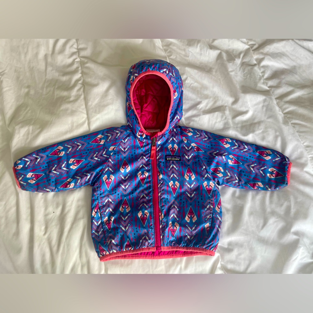 Toddler Patagonia hooded jacket, zip up with pockets.